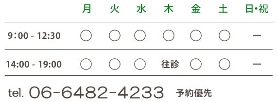 診療時間　9：00～12：30/14:00～19:00　木曜午後は往診　休診日：日曜日